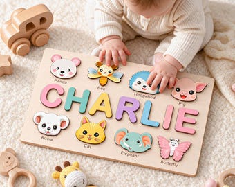 Personalized Wooden Name Puzzle with Animals, Montessori Toy for Toddlers, First Birthday Gift, Custom 0-3 Years Baby Gift, Christmas Gifts