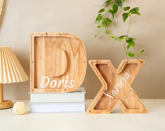 Personalized Wooden Initial Piggy Bank, Kid Alphabet Letter Bank, Custom Engraved Name Coin Bank, Baby Shower, Gift for Girl, Nursery Decor