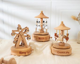 Personalized Wooden Music Box: Engraved Name, Carousel Design
