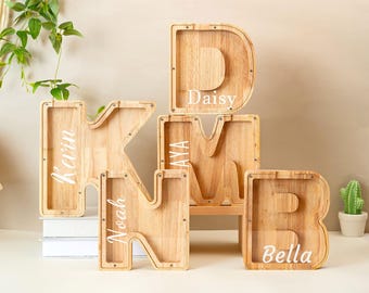 Alcancía de madera grande personalizada con letras del alfabeto, con nombre, regalo de cumpleaños para niños, decoración infantil.
