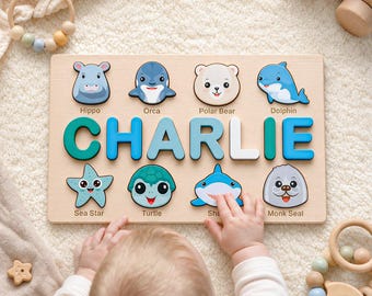 Personalized Wooden Name Puzzle with Animals, Montessori Toy for Toddlers, First Birthday Gift, Custom 0-3 Years Baby Gift, Christmas Gifts