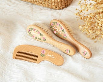 Personalisierte Baby-Haarbürsten-Set aus Holz, individuell graviertes Andenken, Babyparty-Geschenkidee für Neugeborene, Unisex-Holzhaarbürste und Kamm-Set