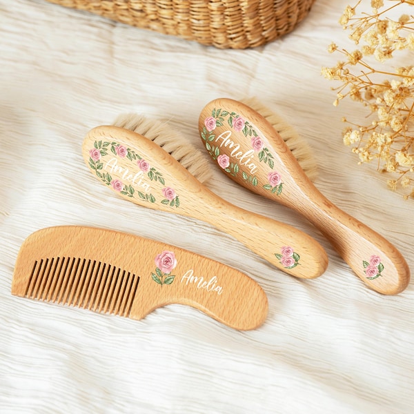 Personalized Wooden Baby Hairbrush Set, Custom Engraved Keepsake, Baby Shower Gift Idea for Newborns, Unisex Wooden Hair Brush and Comb Set