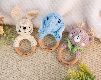 Personalized Crochet Animal Rattle: Engraved Wood Baby Toy