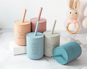 Vaso de silicona personalizado para bebé con nombre, 200 ml, vaso hermético grabado con tapa, vaso de silicona para niños pequeños, regalo para fiestas y baby showers