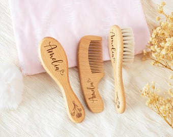 Personalisiertes Baby-Haarbürstenset aus Holz, individuell gravierte Namensbürste, hölzerne Babybürste und Kamm-Set, Babyparty, Neugeborenengeschenk, neues Babygeschenk