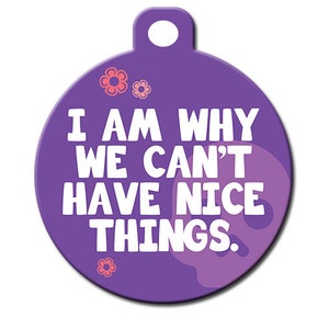 May include: A purple pet tag with a hole at the top, featuring the white text "I AM WHY WE CAN'T HAVE NICE THINGS." The tag has a round shape with a flower design and a purple and white swirl background.