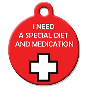 Médaille d'identification personnalisée pour animal de compagnie - J'ai besoin d'un régime spécial et de médicaments - au recto, vos coordonnées au verso