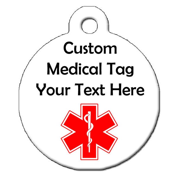 Medical Alert Custom Pet ID Tag - Custom Text Medical Tag - Medical information on the front; contact info on the back