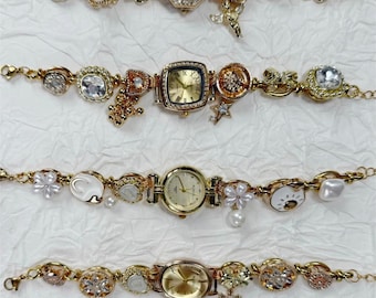 Vintage Gold Charm Watch Bracelet with Pearls & Crystal Accents – Elegant Statement Jewelry Watch, Gift for Her