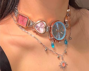 Gold Layered Watch Choker Necklace: Blue Face Statement Watch Necklace, Pink Crystal Choker, Boho Steampunk Jewelry