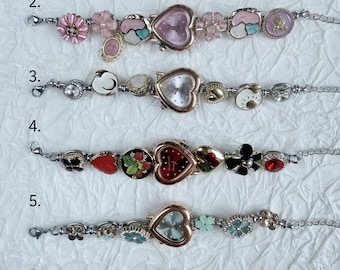 Vintage Heart Charm Watch Bracelet – Handmade Button Women’s Jewelry, Romantic Gift, Unique Fashion Watch