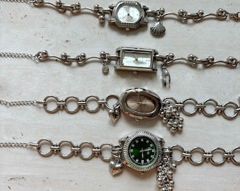 Vintage Titanium Silver Watch Bracelet – Womens Charm Wristwatch Jewelry, Y2K Statement Bracelet Watch
