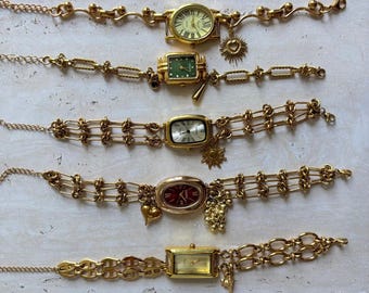 Vintage Gold Charm Watch Bracelet – Retro Statement Timepiece with Heart & Sun Charms, Elegant Women’s Jewelry