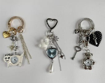 Cute Watch Keychain Bag Charm – Kawaii Heart Teddy Mini Clock Purse Charm, Rhinestone Keyring Bag Chain Accessory Gift