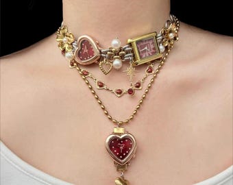 Vintage Gold Uhr Choker Halskette - Herz Uhr Anhänger, Layered Kette Perlen Charms, Y2K Statement Schmuck Geschenk