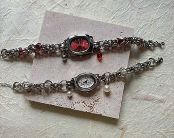 Handmade Silver Titanium Chain Watch Bracelet with Pearl or Red Crystal Charms, Vintage Style Women’s Jewelry Watch