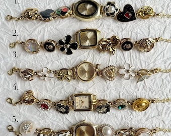 Vintage Charm Watch Bracelet • Gold-Tone Floral & Pearl Link Watch • Upcycled Jewelry Watch • Romantic Statement Wristwatch