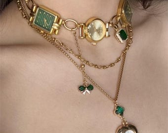 Emerald Green Watch Choker Necklace – Vintage Gold Chain Watch Collar with Charms, Victorian Gothic Statement Jewelry