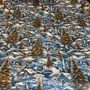 Christmas Winter Village Scenic Glitter Fabric by David Textiles
