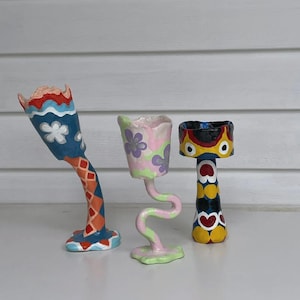 Colorful Candlesticks,Handmade Pottery Candlesticks,Irregular Goblet-Shaped Candlesticks,Hand-Painted Flower Candlesticks,Housewarming Gifts