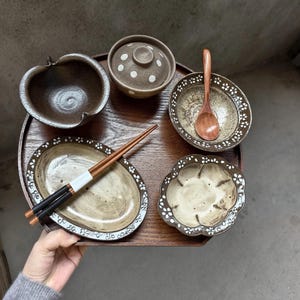 Hand-Painted Polka-Dot Mini Stew Pot; Wabi-Sabi Dark-Toned Tableware Set