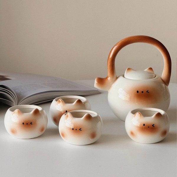 Siamese Cat Teapot Set: Ceramic Kettle & Teacups - Gift for Cat Lovers