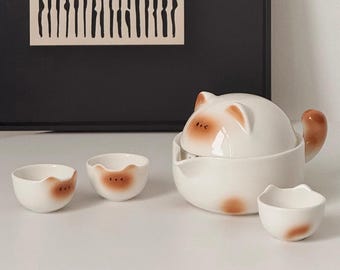 Juego de té de cerámica con diseño de gato siamés, mini tetera de viaje con tazas.