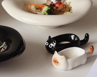 Plato de cerámica para mojar con forma de gato siamés hecho a mano, una bonita decoración de mesa.