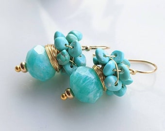 Teal Amazonite and cluster of tiny Turquoise earrings. Gold filled earrings, cluster earrings, wire wrapped earrings