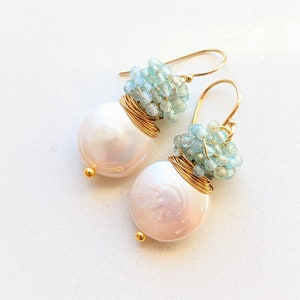 White coin pearl with cluster tiny aquamarine stones earrings.  Gold filled earrings, cluster earrings, wire wrapped earrings