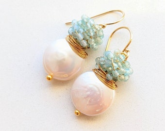 White coin pearl with cluster tiny aquamarine stones earrings.  Gold filled earrings, cluster earrings, wire wrapped earrings