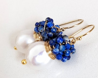 White pearls with cluster tiny Lapis Lazuli stones earrings.  Gold filled earrings, cluster earrings, wire wrapped earrings