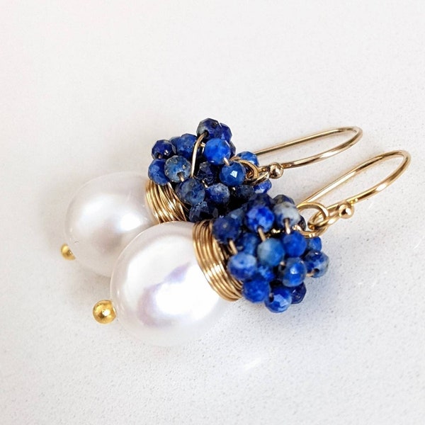 White pearls with cluster tiny Lapis Lazuli stones earrings.  Gold filled earrings, cluster earrings, wire wrapped earrings