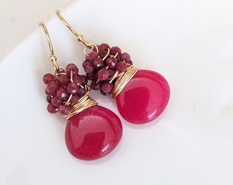 Ruby and cluster of Rubies earrings, July birthday stone earrings. Gold filled earrings, cluster earrings, wire wrapped earrings
