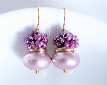 Shell Pearl and cluster of tiny pink Pearls  earrings, October and June birthday stone earrings. Gold filled earrings.