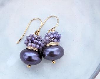 Shell Pearl and cluster of tiny purple CZ beads earrings, October and June birthday stone earrings. Gold filled earrings.