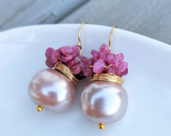 Shell Pearl and cluster of Raspberry Tourmaline earrings, October and June birthday stone earrings. Gold filled earrings.