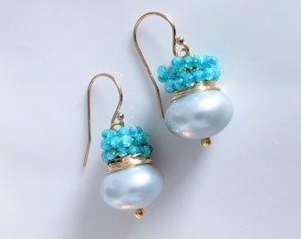 Shell Pearl and cluster of Emerald CZ earrings, October and June birthday stone earrings. Gold filled earrings.