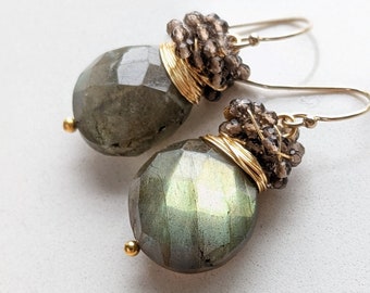 Faceted coin shape Labradorite earrings surrounded with tiny 2 mm Smoky Quartz Stones. December /September birthday stone earrings.