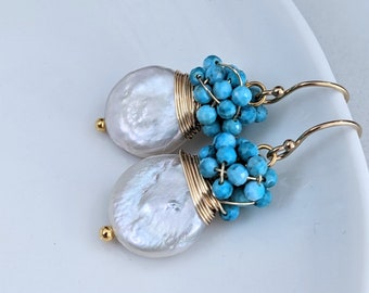 White pearls with Turquoise stones earrings.  Gold filled earrings, cluster earrings, wire wrapped earrings. Tiny earrings.