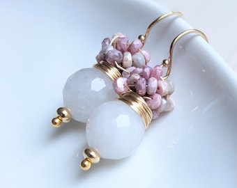 White Agate and cluster of strawberry Sapphire earrings, October and June birthday stone earrings. Gold filled earrings.