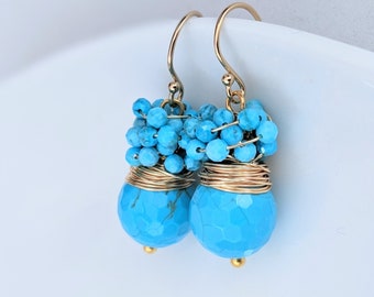 Round Turquoise with Turquoise stones earrings.  Gold filled earrings, cluster earrings, wire wrapped earrings. Tiny earrings.