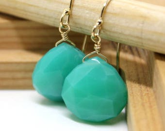 Mint Chalcedony, Emerald color, Gem Earrings - Green earrings - gold earrings - May Birthstone - clip on option