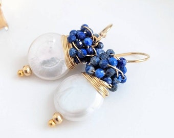 White coin pearl with cluster tiny Lapis earrings.  Gold filled earrings, cluster earrings, wire wrapped earrings