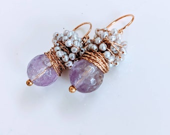 Amethyst earrings - fresh earrings with big faceted amethyst and silver sea pearls