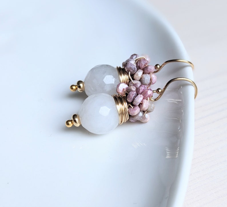 White Agate and cluster of strawberry Sapphire earrings, October and June birthday stone earrings. Gold filled earrings. image 2