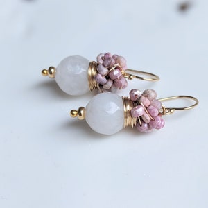 White Agate and cluster of strawberry Sapphire earrings, October and June birthday stone earrings. Gold filled earrings. image 5