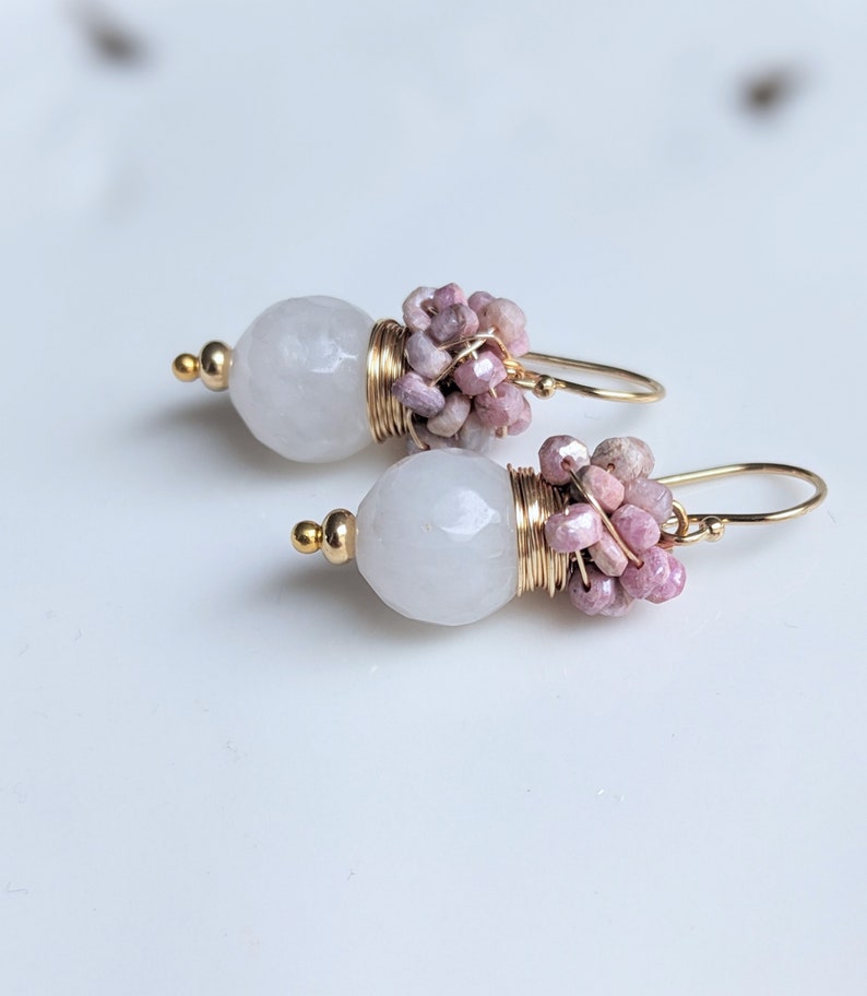 White Agate and cluster of strawberry Sapphire earrings, October and June birthday stone earrings. Gold filled earrings. image 5