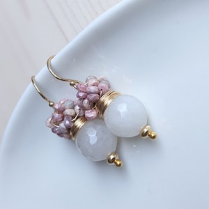 White Agate and cluster of strawberry Sapphire earrings, October and June birthday stone earrings. Gold filled earrings. image 7